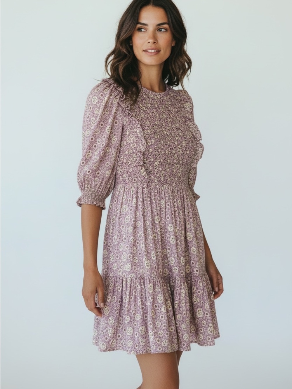 Sea New York Lavender Floral Smocked Ruffle Mini Dress